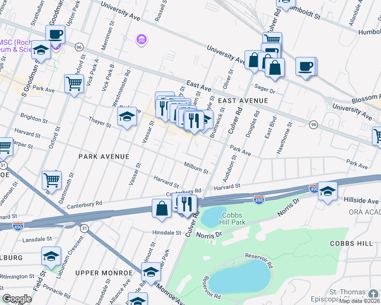 map of restaurants, bars, coffee shops, grocery stores, and more near 18 Morningside Park in Rochester