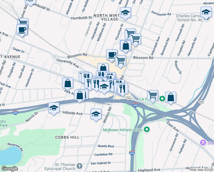 map of restaurants, bars, coffee shops, grocery stores, and more near 1776 East Avenue in Rochester