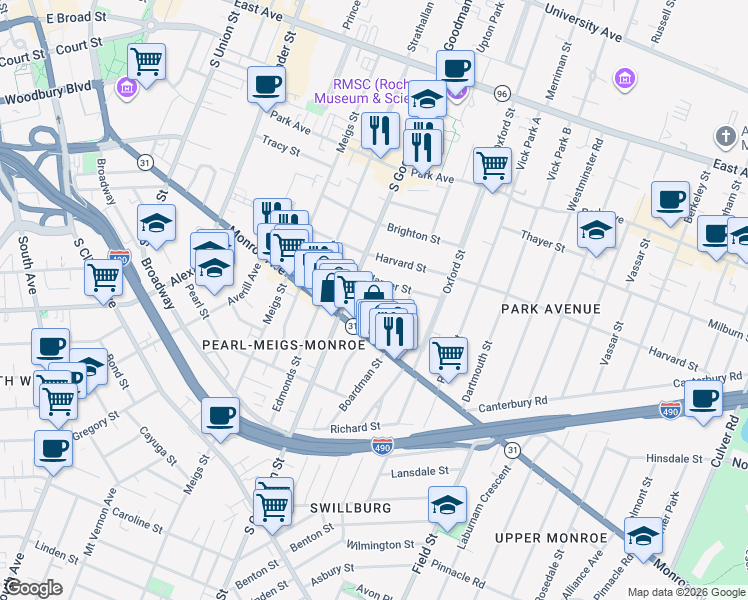 map of restaurants, bars, coffee shops, grocery stores, and more near 42 Cornell Street in Rochester