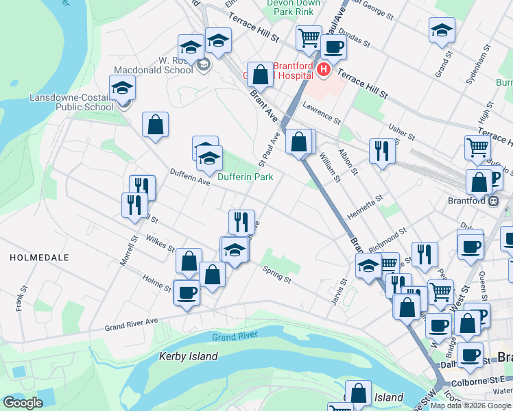 map of restaurants, bars, coffee shops, grocery stores, and more near 44 Chestnut Avenue in Brantford