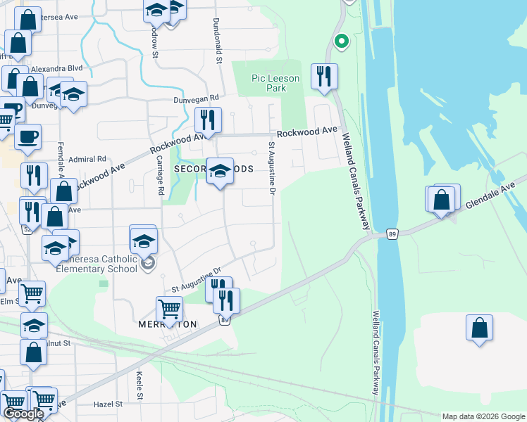 map of restaurants, bars, coffee shops, grocery stores, and more near 80 Green Maple Drive in St. Catharines