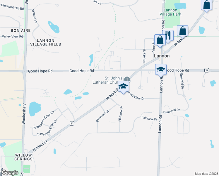 map of restaurants, bars, coffee shops, grocery stores, and more near 20979 West Main Street in Lannon