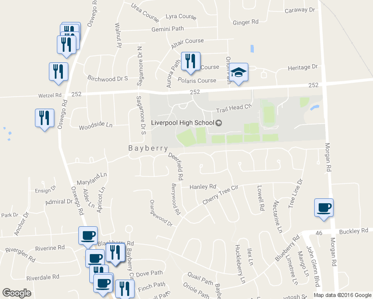 map of restaurants, bars, coffee shops, grocery stores, and more near 4257 Forestbrook Drive in Liverpool