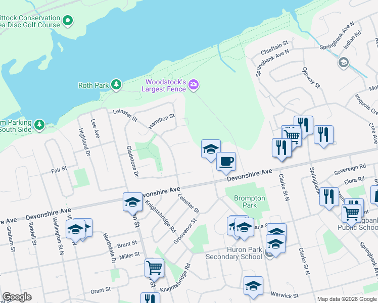 map of restaurants, bars, coffee shops, grocery stores, and more near 450 Leinster Street in Woodstock