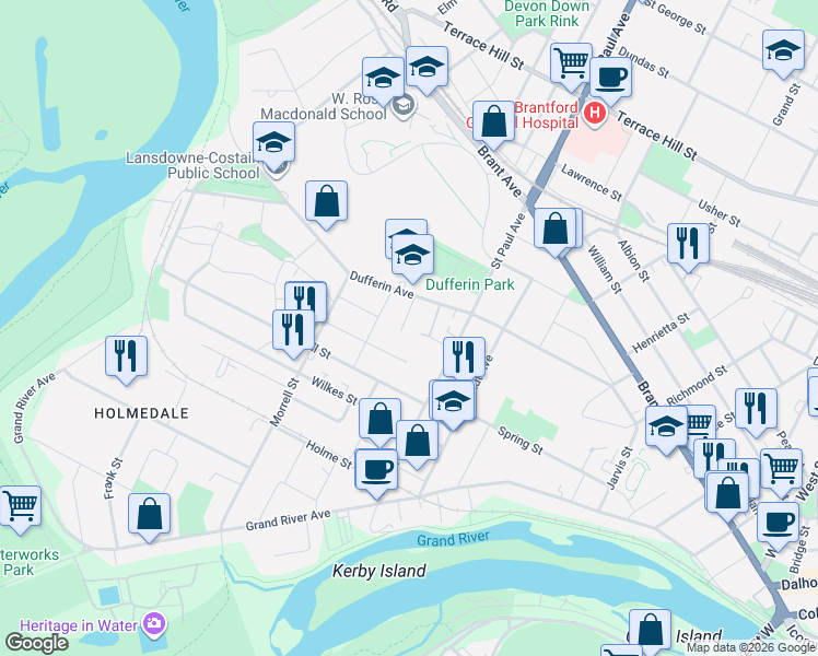map of restaurants, bars, coffee shops, grocery stores, and more near 1 Blake Avenue in Brantford