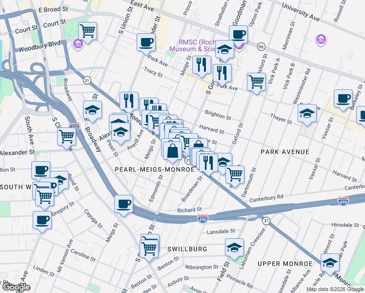 map of restaurants, bars, coffee shops, grocery stores, and more near 373 South Goodman Street in Rochester