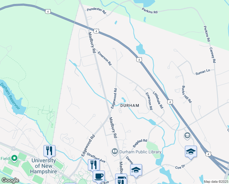 map of restaurants, bars, coffee shops, grocery stores, and more near 47 Edgewood Road in Durham