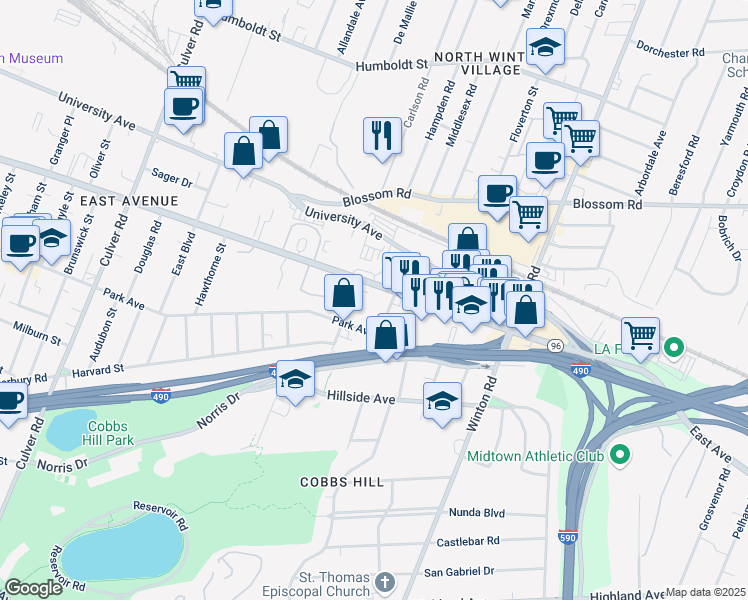 map of restaurants, bars, coffee shops, grocery stores, and more near 1337 Park Avenue in Rochester