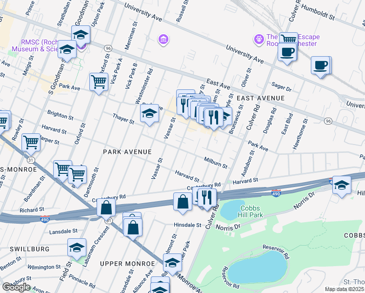 map of restaurants, bars, coffee shops, grocery stores, and more near 143 Milburn Street in Rochester