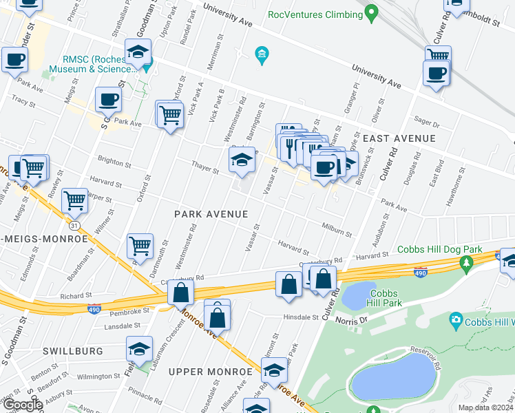 map of restaurants, bars, coffee shops, grocery stores, and more near 118 Vassar Street in Rochester