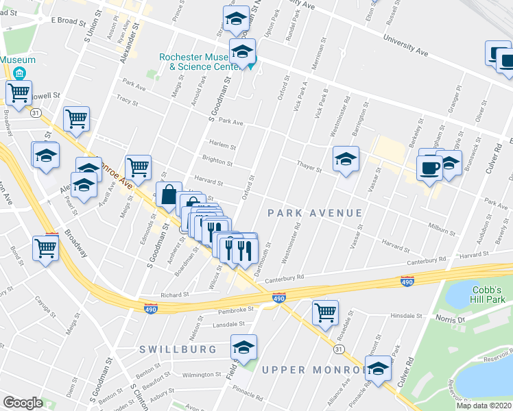 map of restaurants, bars, coffee shops, grocery stores, and more near 185 Rutgers Street in Rochester