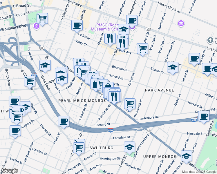 map of restaurants, bars, coffee shops, grocery stores, and more near 42 Cornell Street in Rochester