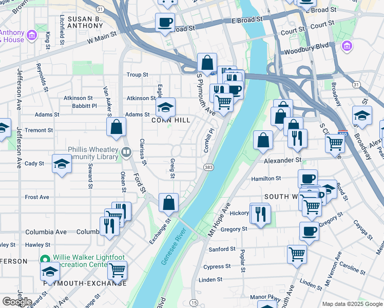 map of restaurants, bars, coffee shops, grocery stores, and more near 27 Glasgow Street in Rochester