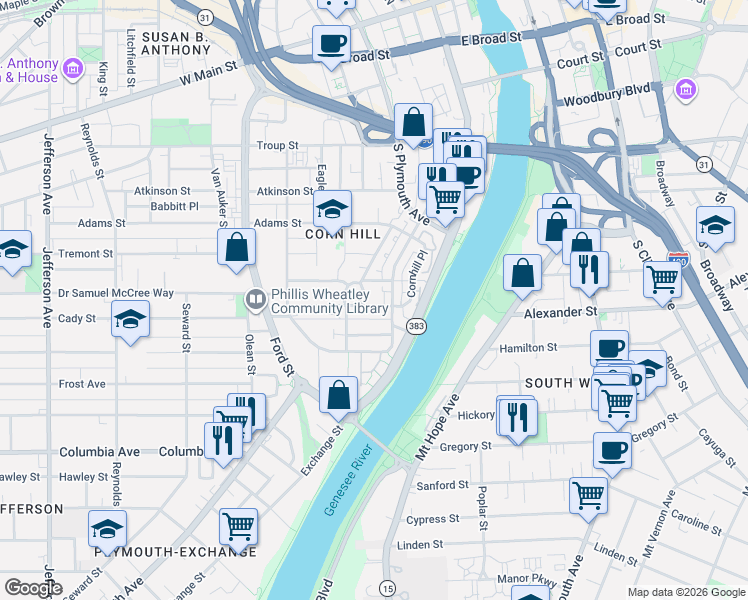 map of restaurants, bars, coffee shops, grocery stores, and more near 27 Glasgow Street in Rochester