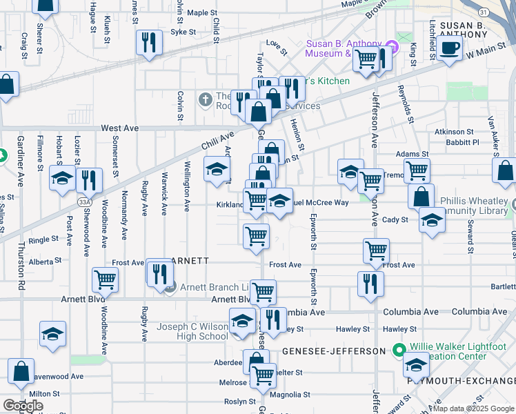 map of restaurants, bars, coffee shops, grocery stores, and more near 1 Orleans Street in Rochester