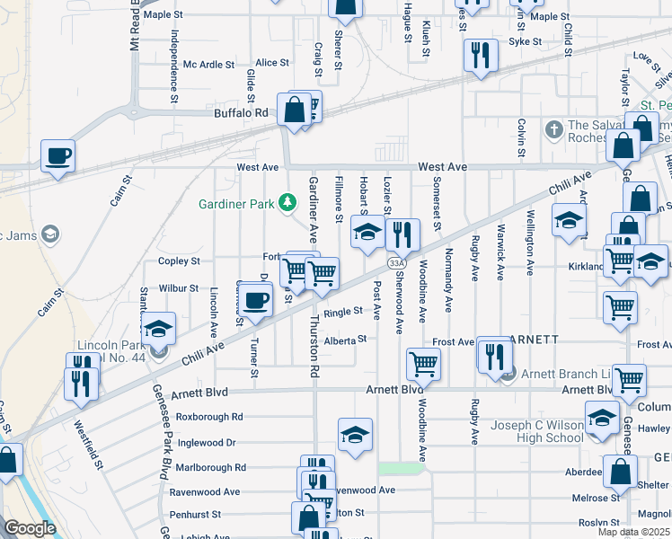 map of restaurants, bars, coffee shops, grocery stores, and more near 532 Chili Avenue in Rochester
