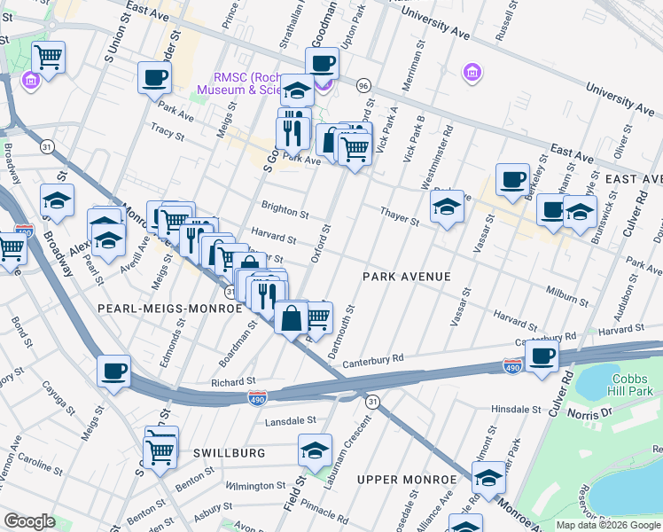 map of restaurants, bars, coffee shops, grocery stores, and more near 185 Rutgers Street in Rochester