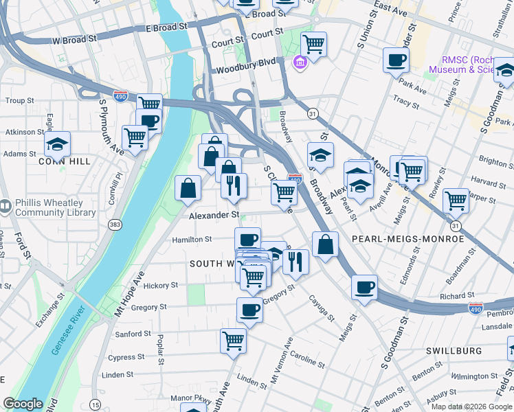 map of restaurants, bars, coffee shops, grocery stores, and more near 80 Alexander Street in Rochester