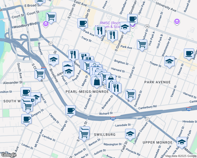 map of restaurants, bars, coffee shops, grocery stores, and more near 1 1/2 Edmonds Street in Rochester