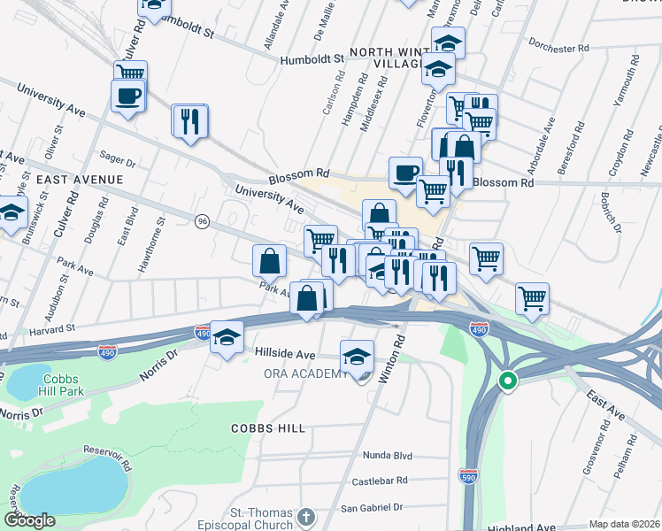 map of restaurants, bars, coffee shops, grocery stores, and more near 1662 East Avenue in Rochester