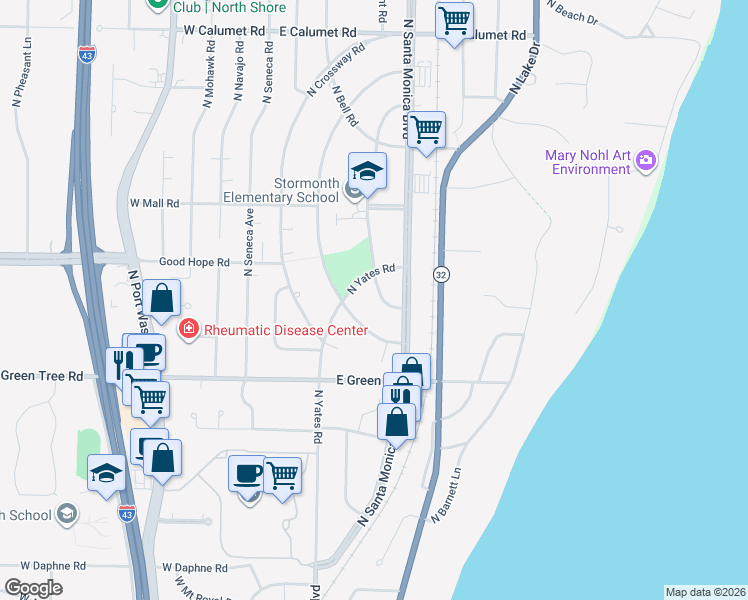 map of restaurants, bars, coffee shops, grocery stores, and more near 7109 North Longacre Road in Fox Point
