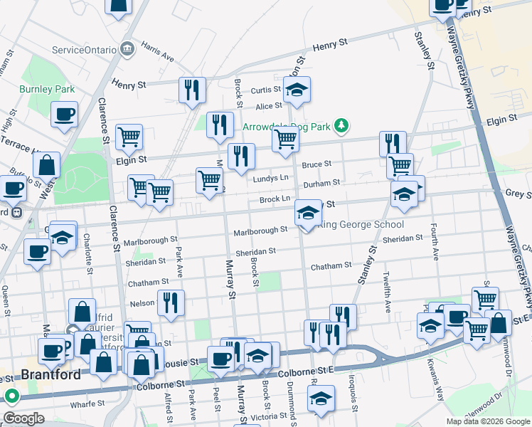 map of restaurants, bars, coffee shops, grocery stores, and more near 209 Grey Street in Brantford