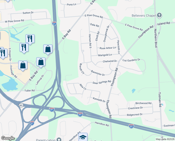 map of restaurants, bars, coffee shops, grocery stores, and more near 6007 Bannister Dr in Cicero