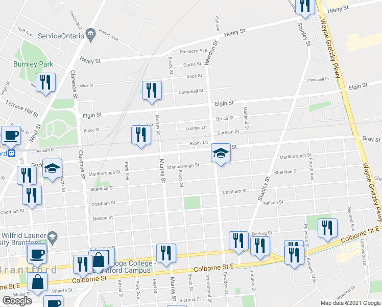map of restaurants, bars, coffee shops, grocery stores, and more near 209 Grey Street in Brantford