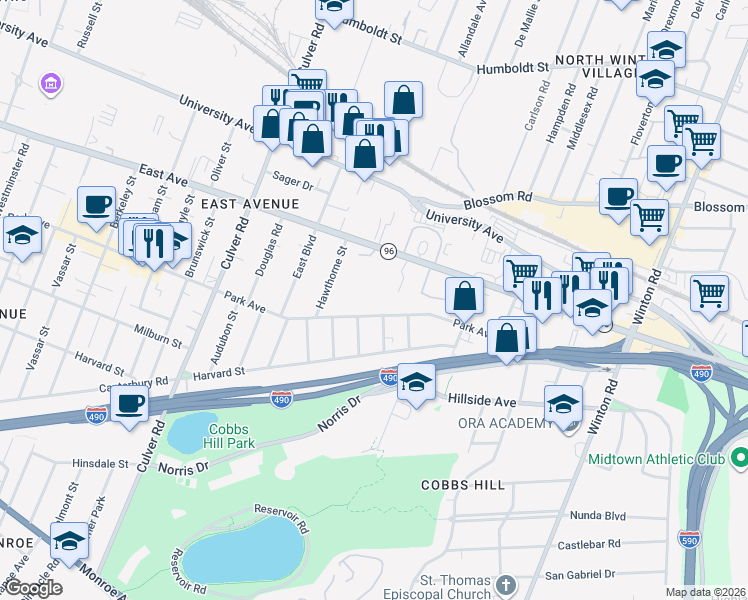 map of restaurants, bars, coffee shops, grocery stores, and more near 1100 Park Avenue in Rochester