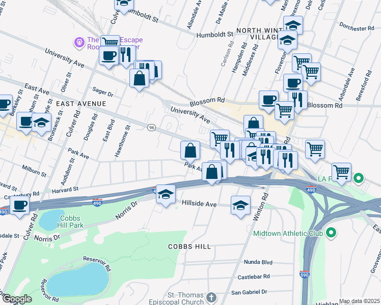 map of restaurants, bars, coffee shops, grocery stores, and more near 44 Colby Street in Rochester