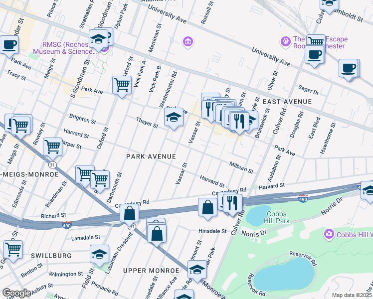 map of restaurants, bars, coffee shops, grocery stores, and more near 118 Vassar Street in Rochester