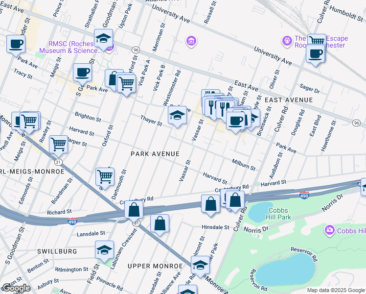 map of restaurants, bars, coffee shops, grocery stores, and more near 143 Edgerton Street in Rochester