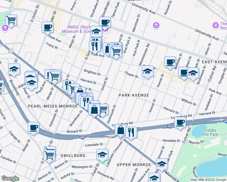 map of restaurants, bars, coffee shops, grocery stores, and more near 169 Dartmouth Street in Rochester
