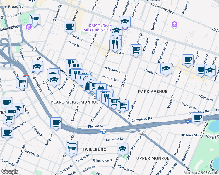 map of restaurants, bars, coffee shops, grocery stores, and more near 42 Cornell Street in Rochester