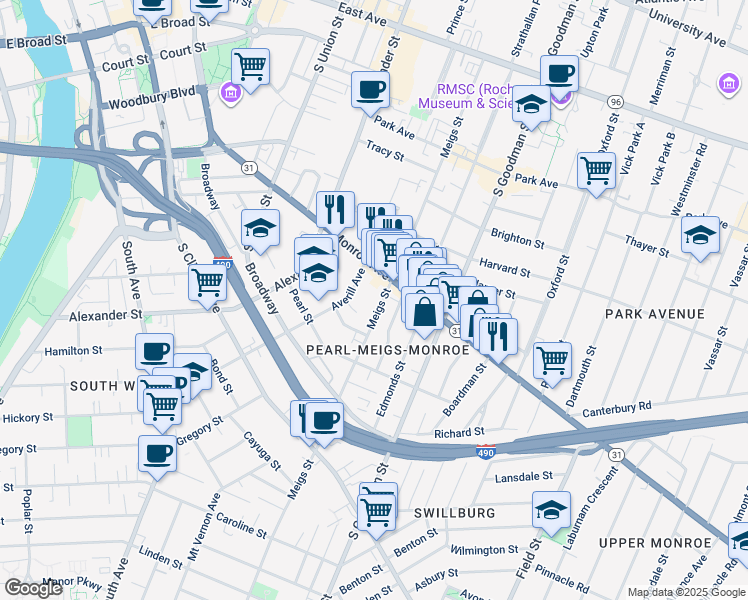 map of restaurants, bars, coffee shops, grocery stores, and more near 416 Meigs Street in Rochester
