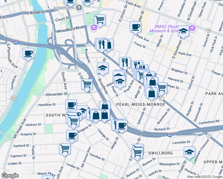map of restaurants, bars, coffee shops, grocery stores, and more near 556 Broadway in Rochester