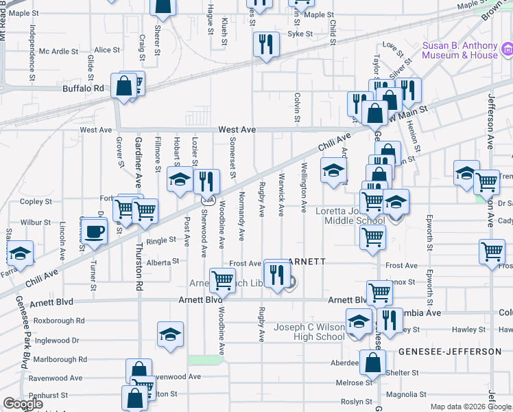 map of restaurants, bars, coffee shops, grocery stores, and more near 90 Rugby Avenue in Rochester