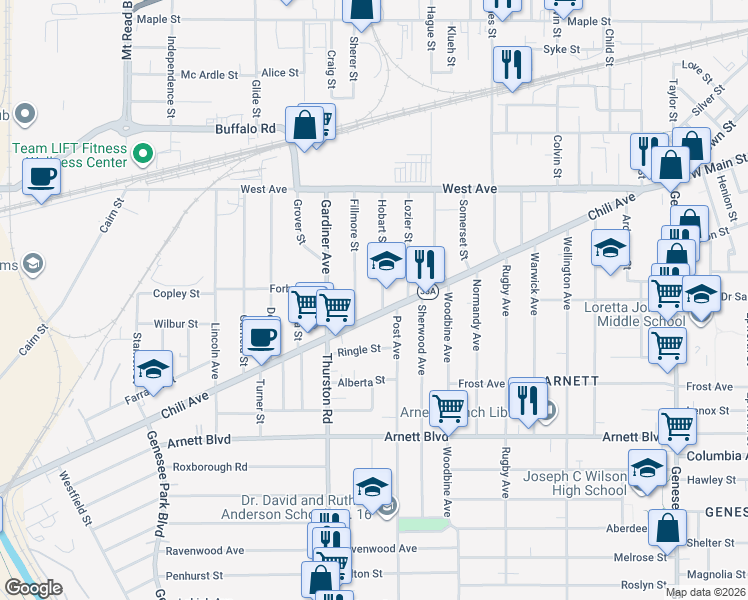 map of restaurants, bars, coffee shops, grocery stores, and more near 457 Chili Avenue in Rochester