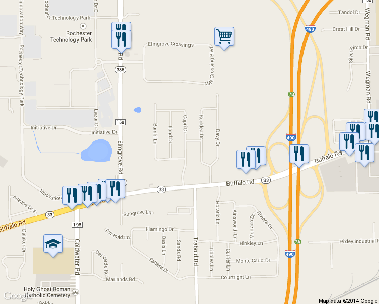 map of restaurants, bars, coffee shops, grocery stores, and more near 11 Capri Drive in Rochester
