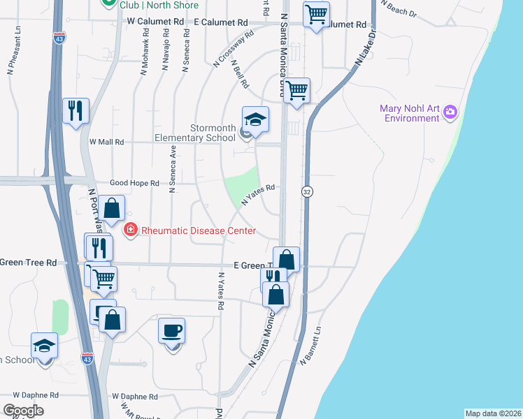 map of restaurants, bars, coffee shops, grocery stores, and more near 7109 North Longacre Road in Fox Point