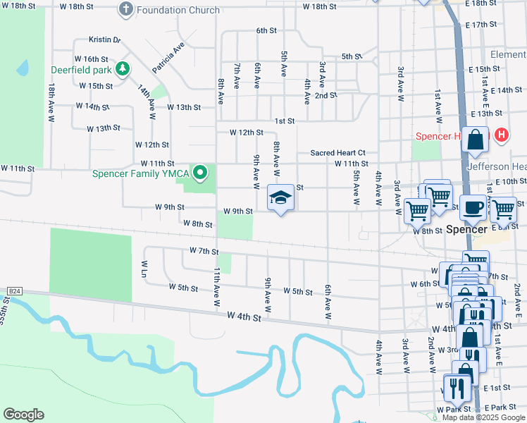 map of restaurants, bars, coffee shops, grocery stores, and more near 724 West 9th Street in Spencer