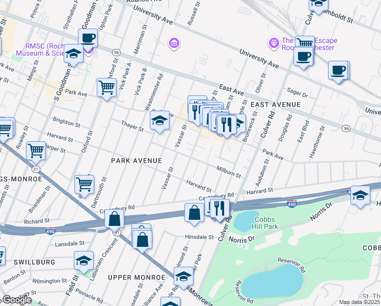 map of restaurants, bars, coffee shops, grocery stores, and more near 143 Milburn Street in Rochester