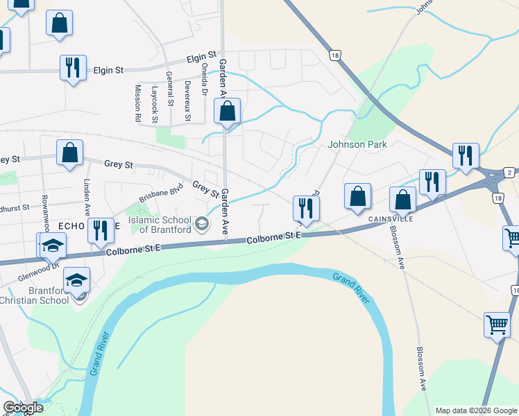 map of restaurants, bars, coffee shops, grocery stores, and more near 1040 Colborne Street East in Brantford