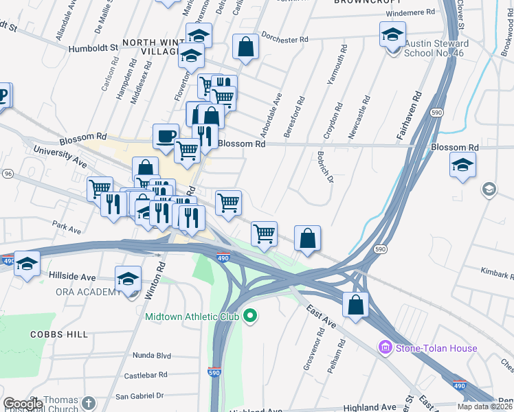 map of restaurants, bars, coffee shops, grocery stores, and more near 146 Halstead Street in Rochester