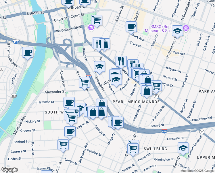 map of restaurants, bars, coffee shops, grocery stores, and more near 175 Pearl Street in Rochester