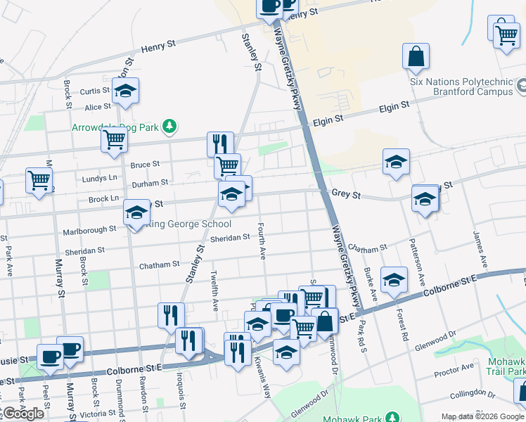 map of restaurants, bars, coffee shops, grocery stores, and more near 374 Marlborough Street in Brantford
