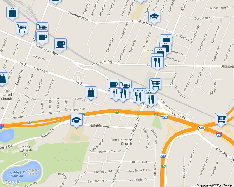 map of restaurants, bars, coffee shops, grocery stores, and more near 1701 East Avenue in Rochester