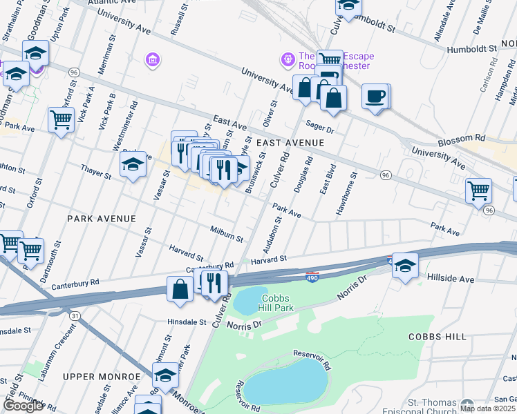 map of restaurants, bars, coffee shops, grocery stores, and more near 219 Culver Road in Rochester