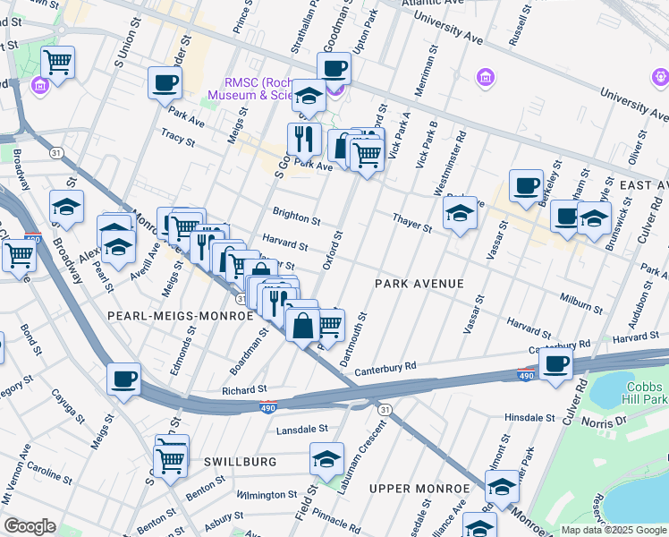 map of restaurants, bars, coffee shops, grocery stores, and more near 185 Rutgers Street in Rochester