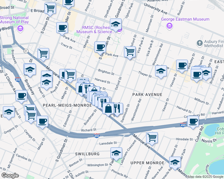 map of restaurants, bars, coffee shops, grocery stores, and more near 70 Wilmer Street in Rochester